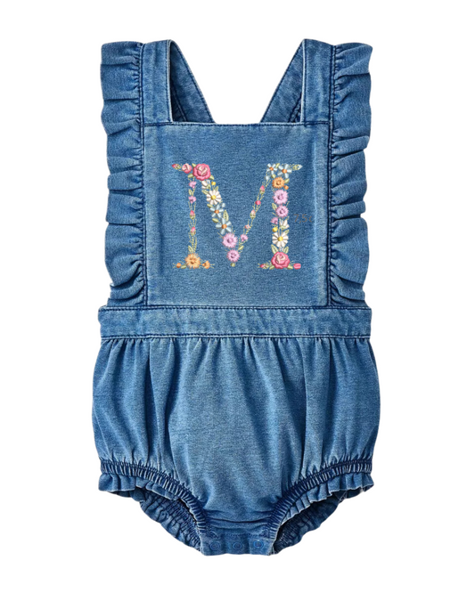Baby Denim Ruffle Romper – Custom Embroidered Initial
