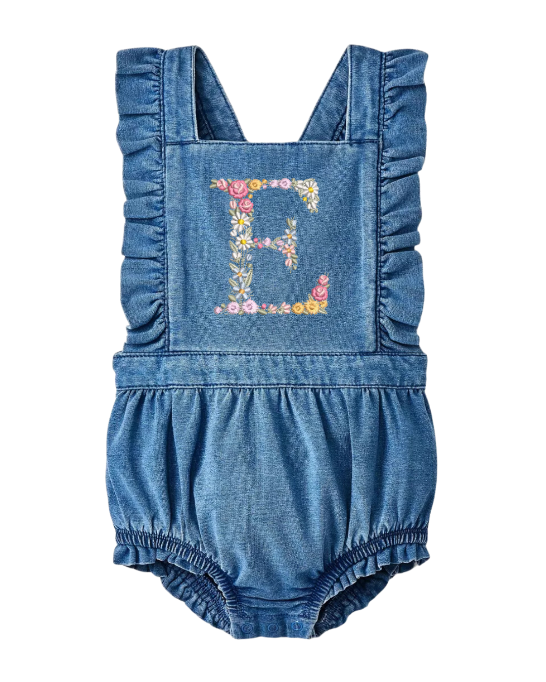 Baby Denim Ruffle Romper – Custom Embroidered Initial