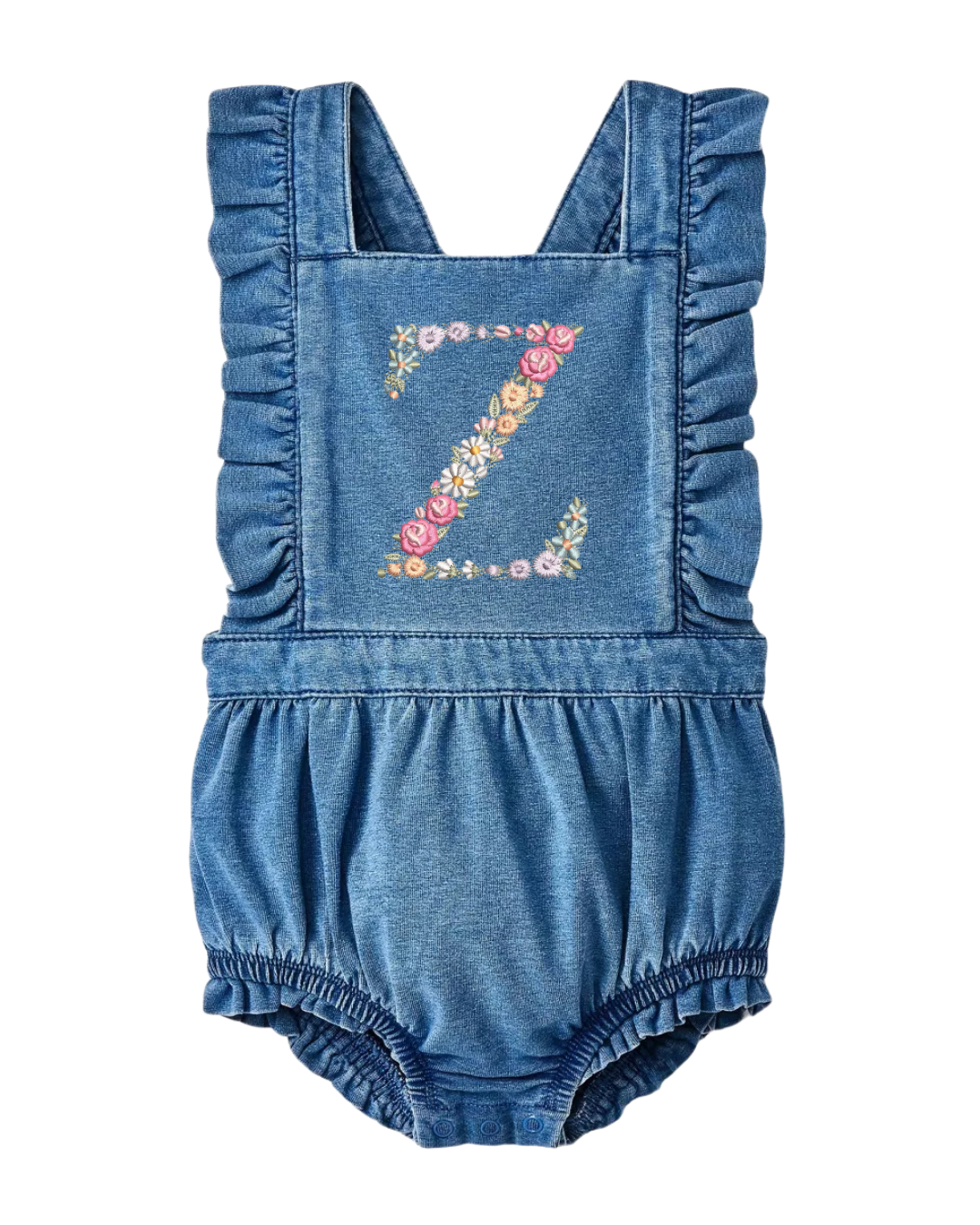 Baby Denim Ruffle Romper – Custom Embroidered Initial