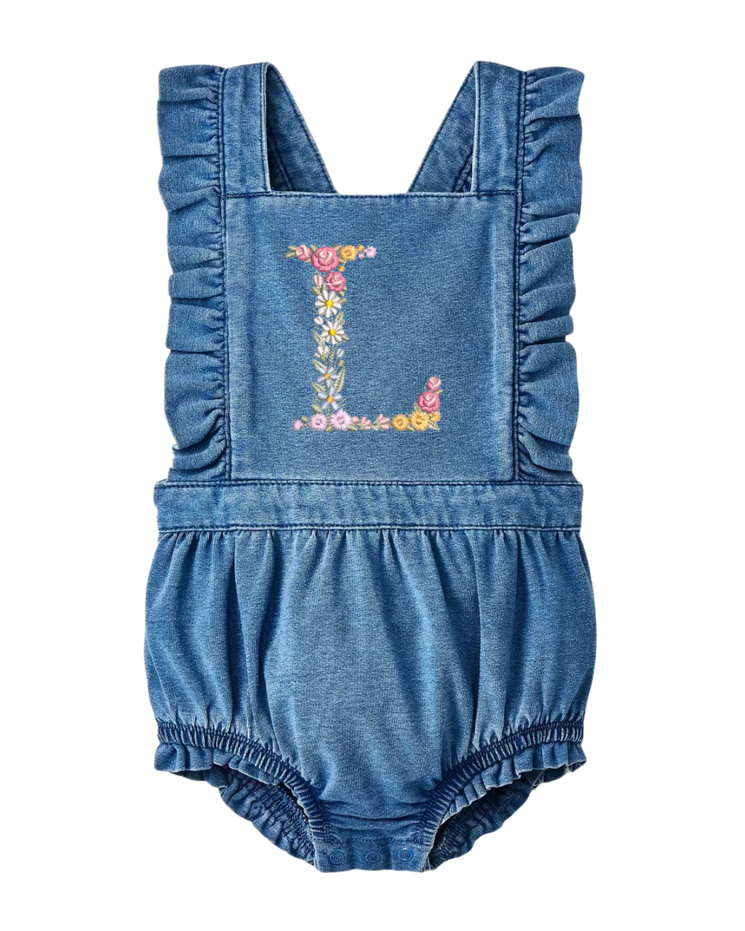 Baby Denim Ruffle Romper – Custom Embroidered Initial