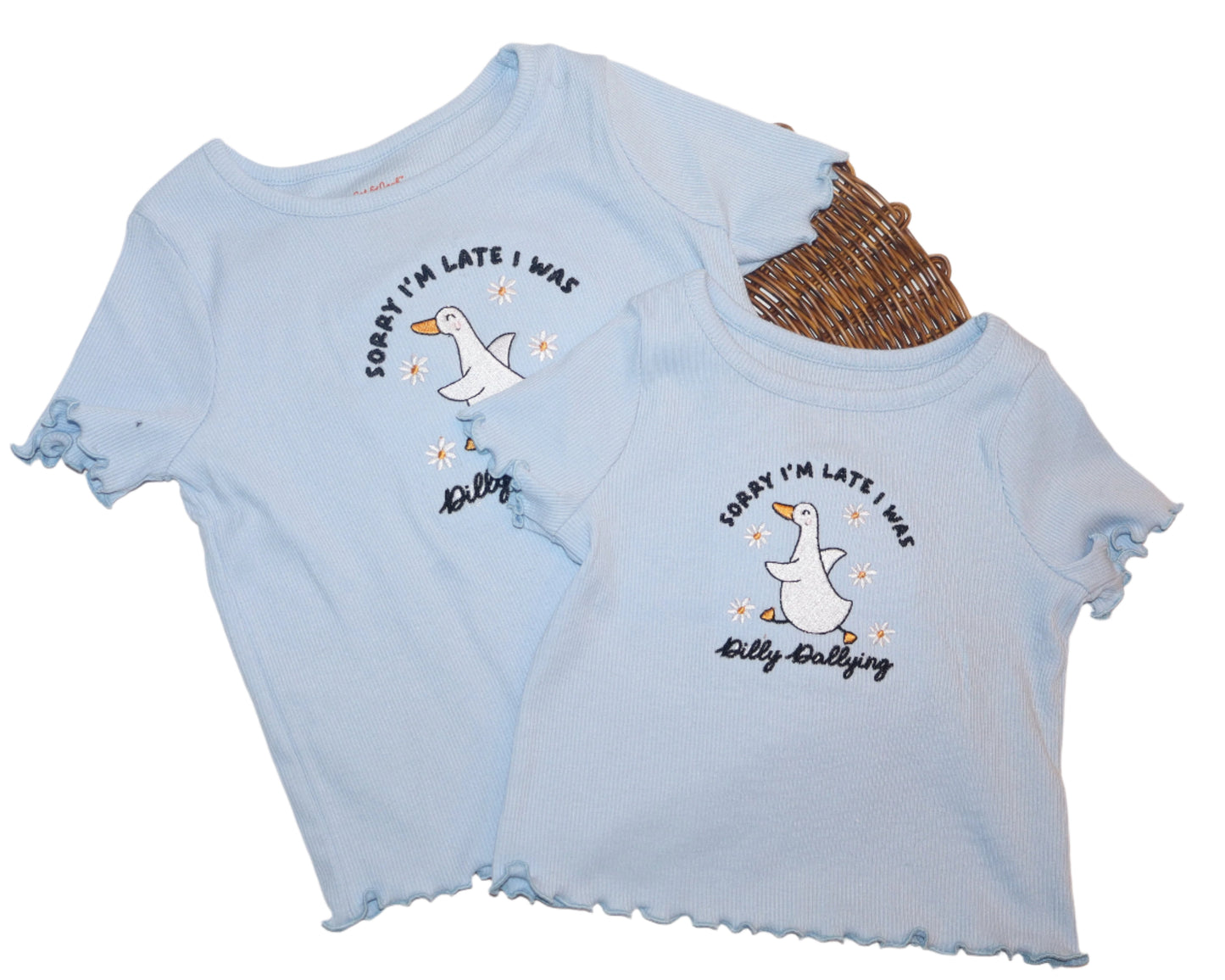 Sorry I’m Late I Was Dilly Dallying” Duck Ruffle Hem Toddler Tee